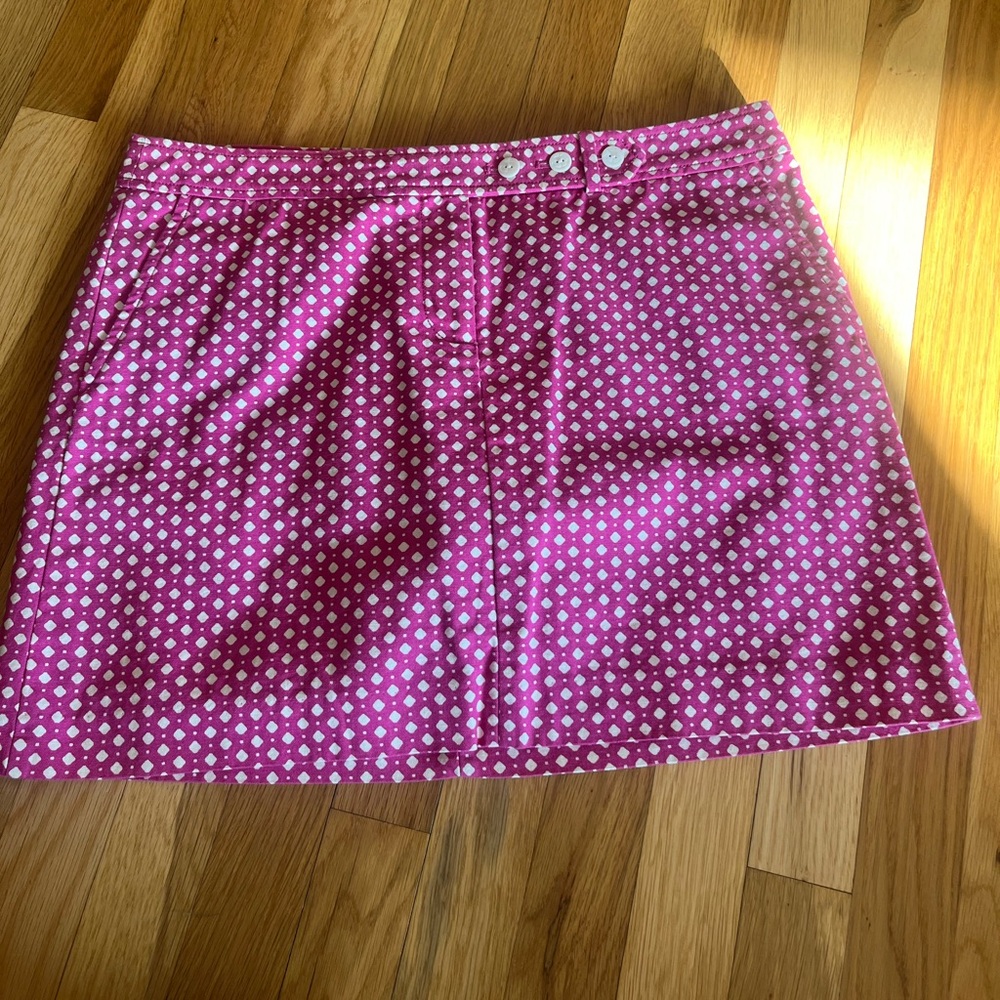 Jcrew Size 12 mini skirt pink and white dot with anchor buttons on the waist
